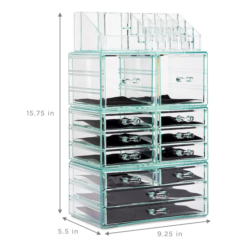 Estuche organizador de maquillaje y joyas con 12 cajones y 16 compartimentos - Juego de 4 piezas