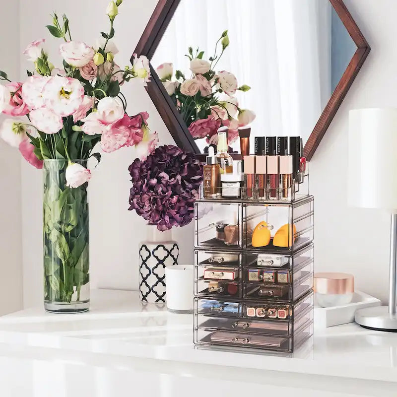 Estuche organizador de maquillaje y joyas con 12 cajones y 16 compartimentos - Juego de 4 piezas