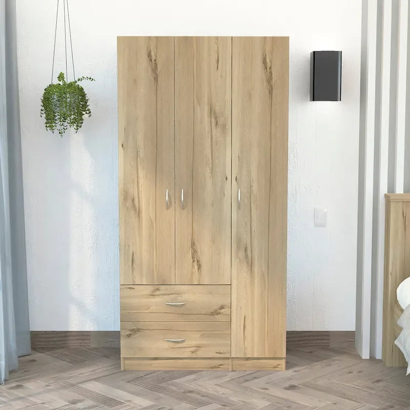TUHOME Austral 3 Door Armoire with Drawers, Shelves, and Hanging Rod - N/A