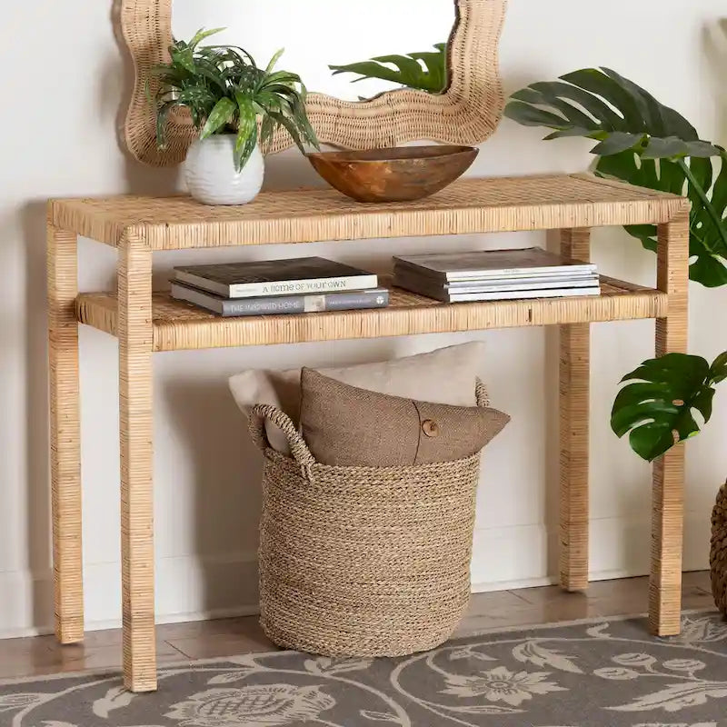 Mesa Consola de Ratán Color Miel Claro y Madera de Acacia