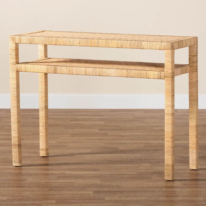 Mesa Consola de Ratán Color Miel Claro y Madera de Acacia