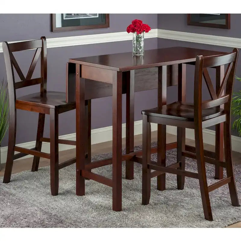 Mesa con alas abatibles de 3 piezas y taburetes altos con respaldo en V, Nogal