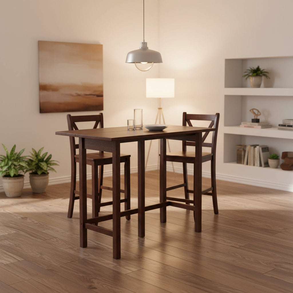 Mesa con alas abatibles de 3 piezas y taburetes altos con respaldo en V, Nogal