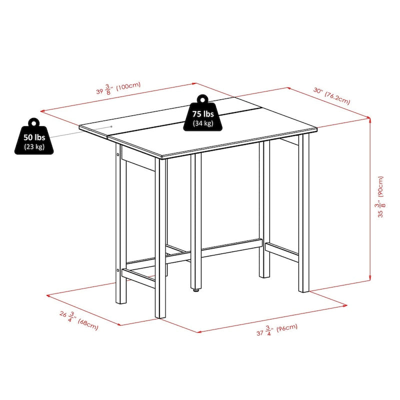 Mesa con alas abatibles de 3 piezas y taburetes altos con respaldo en V, Nogal