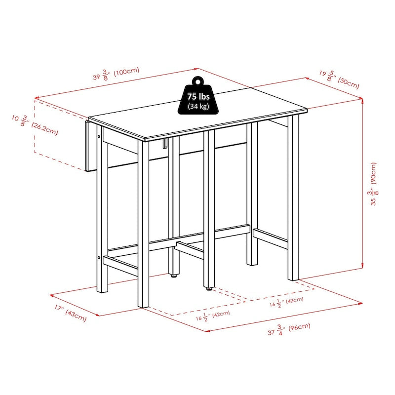Mesa con alas abatibles de 3 piezas y taburetes altos con respaldo en V, Nogal
