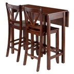 Mesa con alas abatibles de 3 piezas y taburetes altos con respaldo en V, Nogal