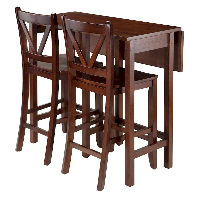 Mesa con alas abatibles de 3 piezas y taburetes altos con respaldo en V, Nogal