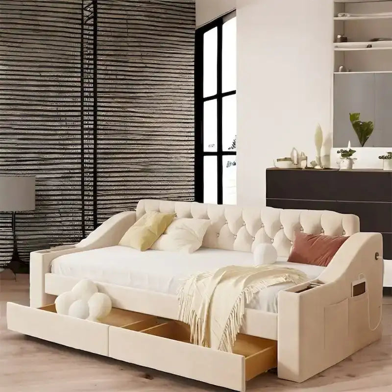 Cama Nido Individual Tapizada en Terciopelo con Apoyabrazos de Almacenamiento y Puerto USB