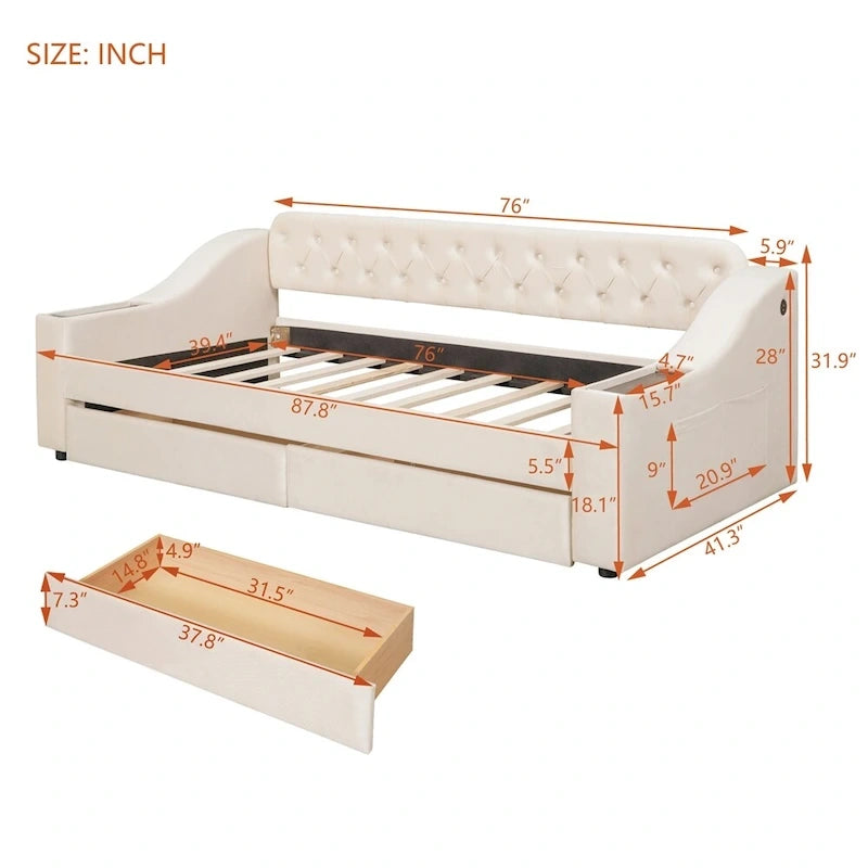 Cama Nido Individual Tapizada en Terciopelo con Apoyabrazos de Almacenamiento y Puerto USB
