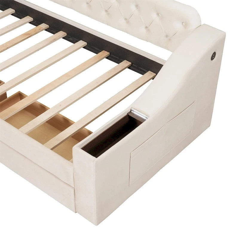 Cama Nido Individual Tapizada en Terciopelo con Apoyabrazos de Almacenamiento y Puerto USB