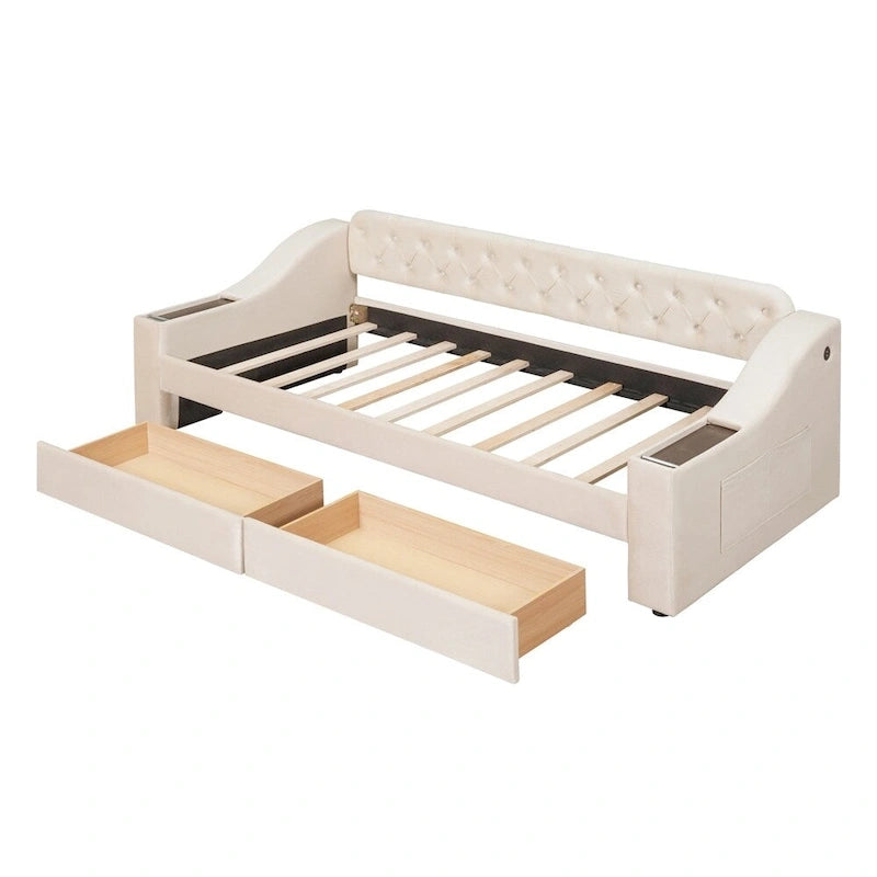 Cama Nido Individual Tapizada en Terciopelo con Apoyabrazos de Almacenamiento y Puerto USB