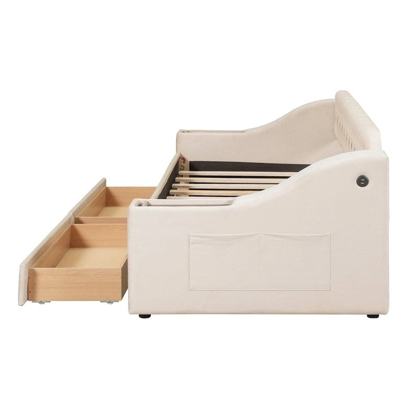 Cama Nido Individual Tapizada en Terciopelo con Apoyabrazos de Almacenamiento y Puerto USB