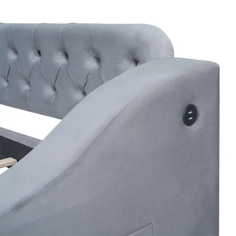 Cama Nido Individual Tapizada en Terciopelo con Apoyabrazos de Almacenamiento y Puerto USB
