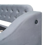 Cama Nido Individual Tapizada en Terciopelo con Apoyabrazos de Almacenamiento y Puerto USB