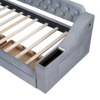 Cama Nido Individual Tapizada en Terciopelo con Apoyabrazos de Almacenamiento y Puerto USB