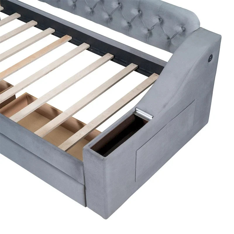 Cama Nido Individual Tapizada en Terciopelo con Apoyabrazos de Almacenamiento y Puerto USB