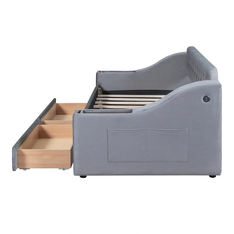 Cama Nido Individual Tapizada en Terciopelo con Apoyabrazos de Almacenamiento y Puerto USB