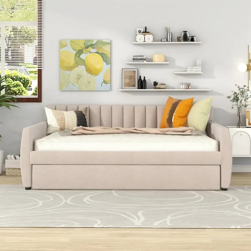 Sofá cama tapizado con cajones/cama nido, soporte de láminas de madera