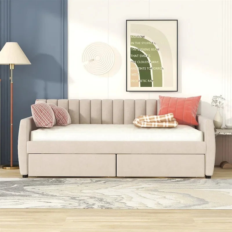 Sofá cama tapizado con cajones/cama nido, soporte de láminas de madera