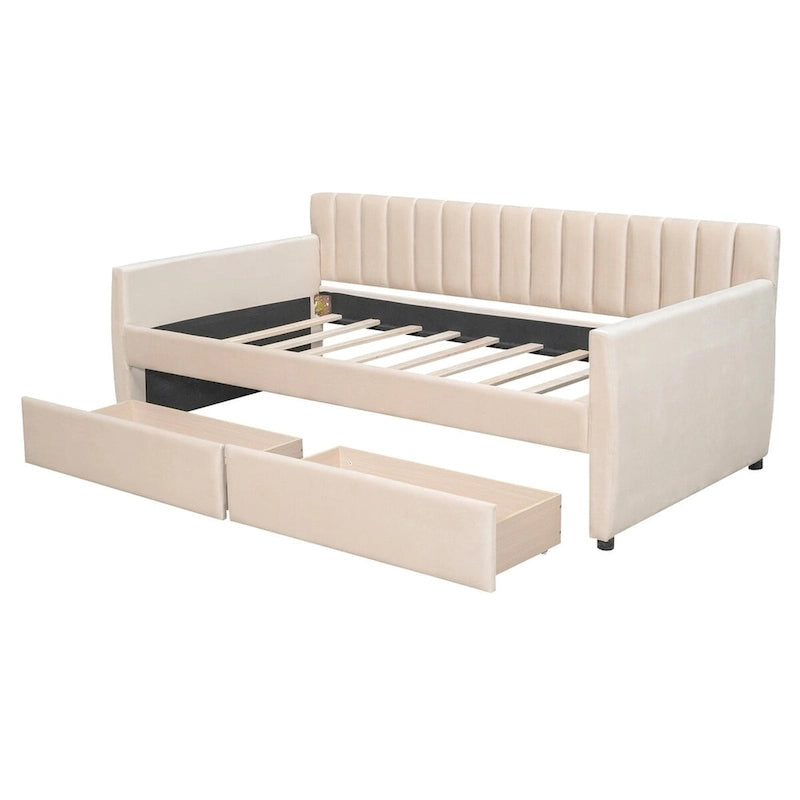Sofá cama tapizado con cajones/cama nido, soporte de láminas de madera