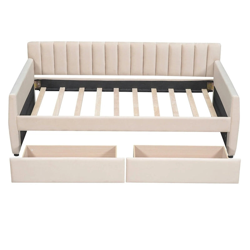 Sofá cama tapizado con cajones/cama nido, soporte de láminas de madera