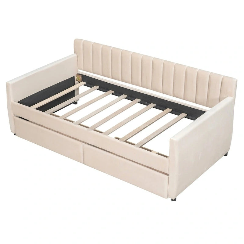 Sofá cama tapizado con cajones/cama nido, soporte de láminas de madera