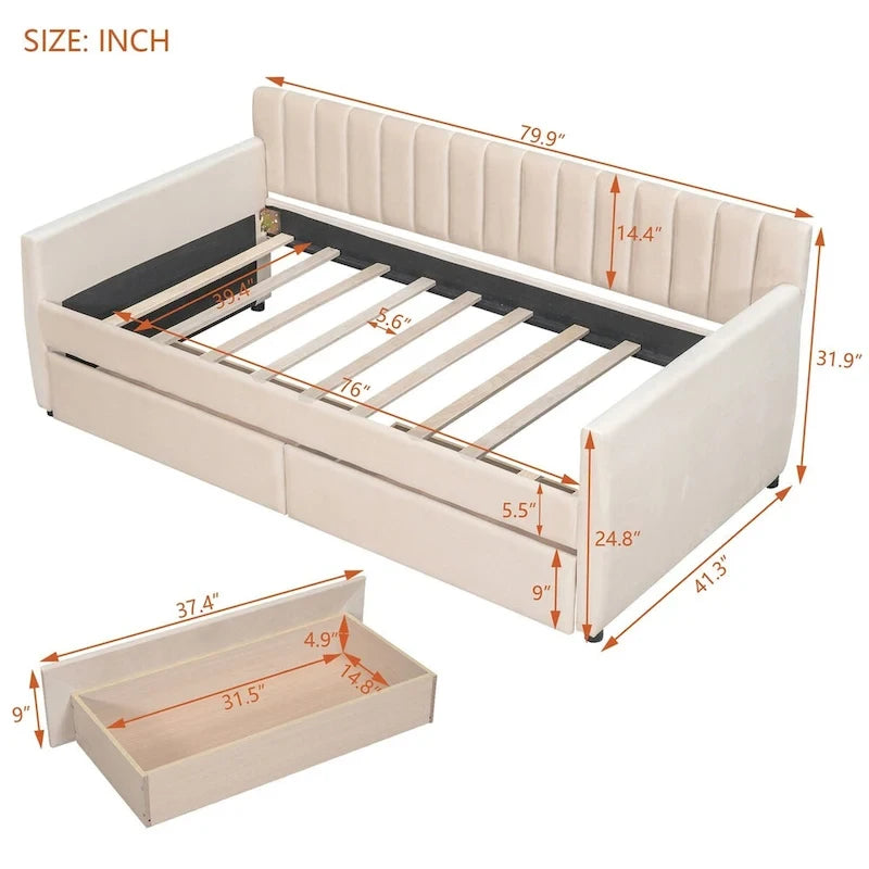 Sofá cama tapizado con cajones/cama nido, soporte de láminas de madera