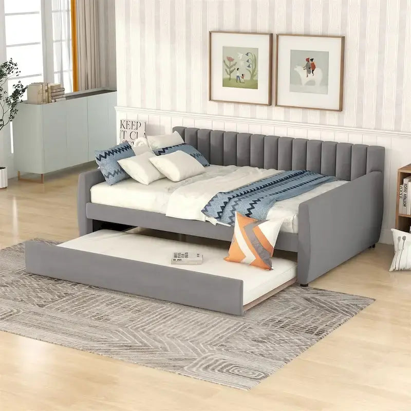 Sofá cama tapizado con cajones/cama nido, soporte de láminas de madera