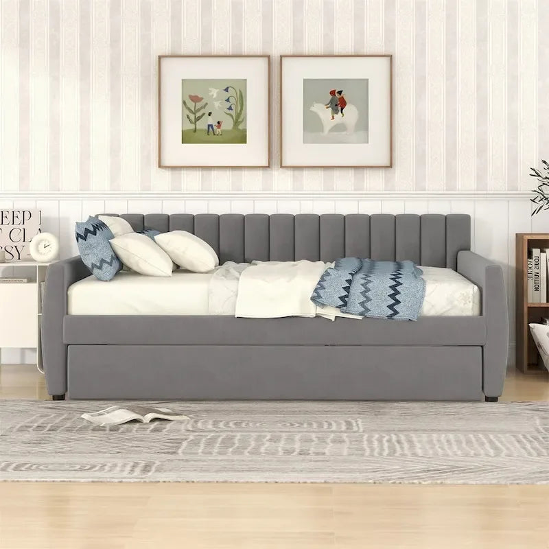 Sofá cama tapizado con cajones/cama nido, soporte de láminas de madera