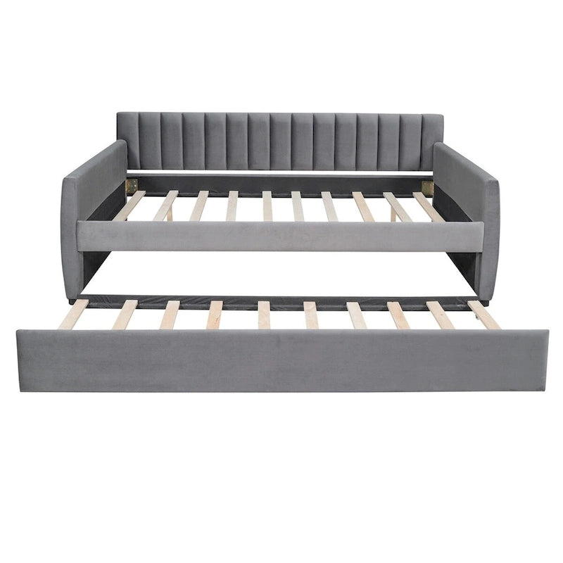 Sofá cama tapizado con cajones/cama nido, soporte de láminas de madera