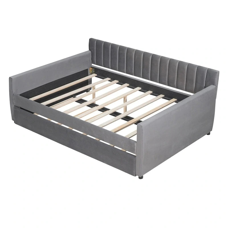 Sofá cama tapizado con cajones/cama nido, soporte de láminas de madera