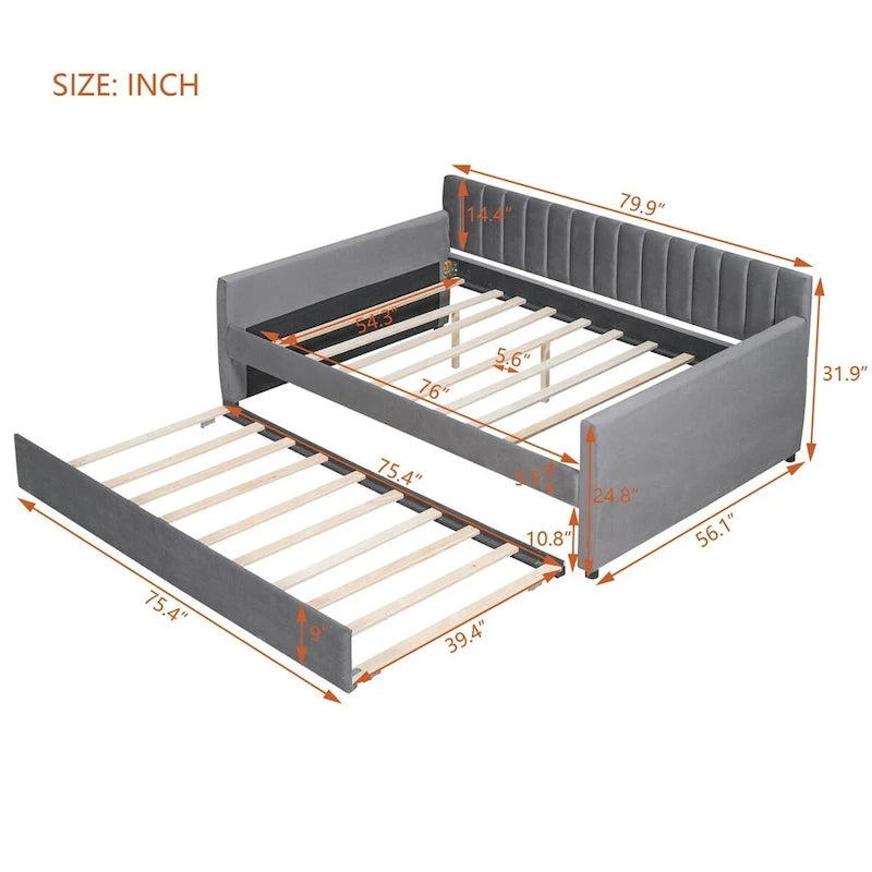 Sofá cama tapizado con cajones/cama nido, soporte de láminas de madera