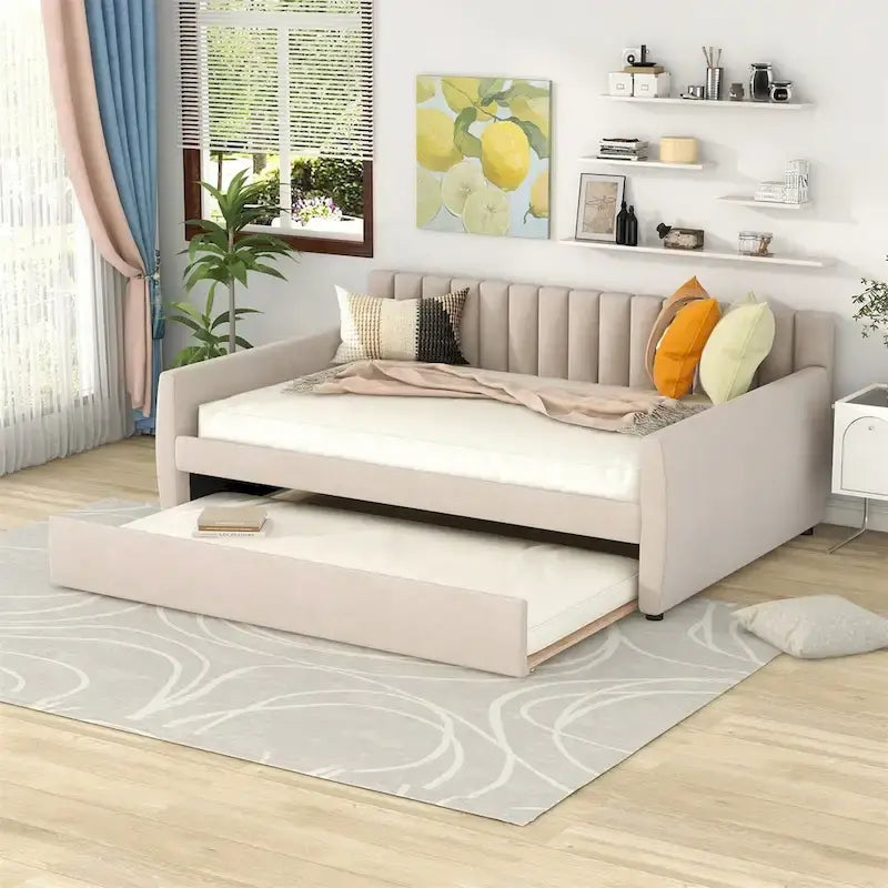 Sofá cama tapizado con cajones/cama nido, soporte de láminas de madera