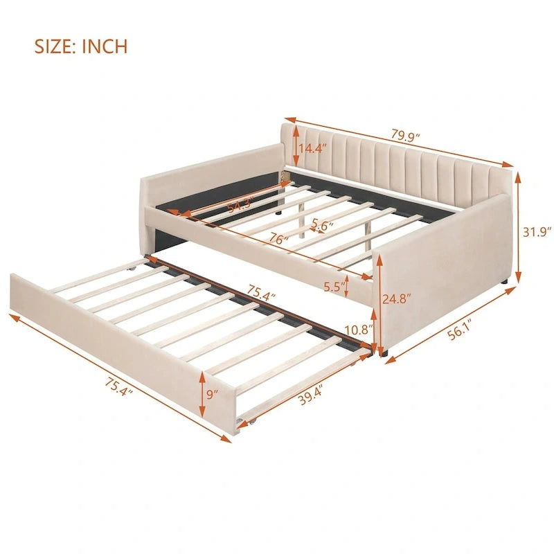 Sofá cama tapizado con cajones/cama nido, soporte de láminas de madera