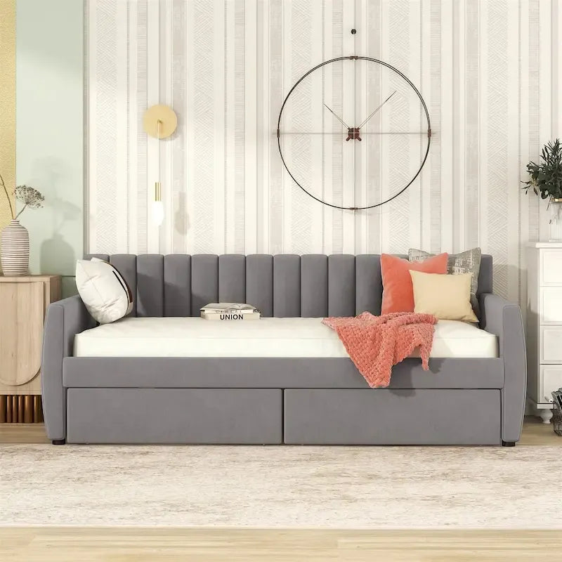 Sofá cama tapizado con cajones/cama nido, soporte de láminas de madera