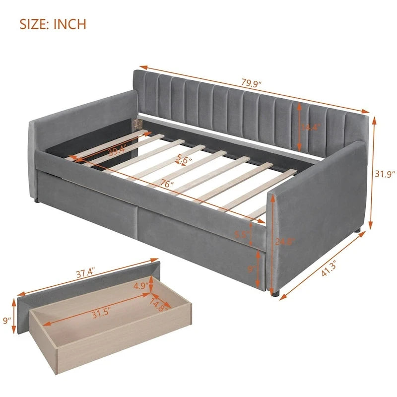 Sofá cama tapizado con cajones/cama nido, soporte de láminas de madera