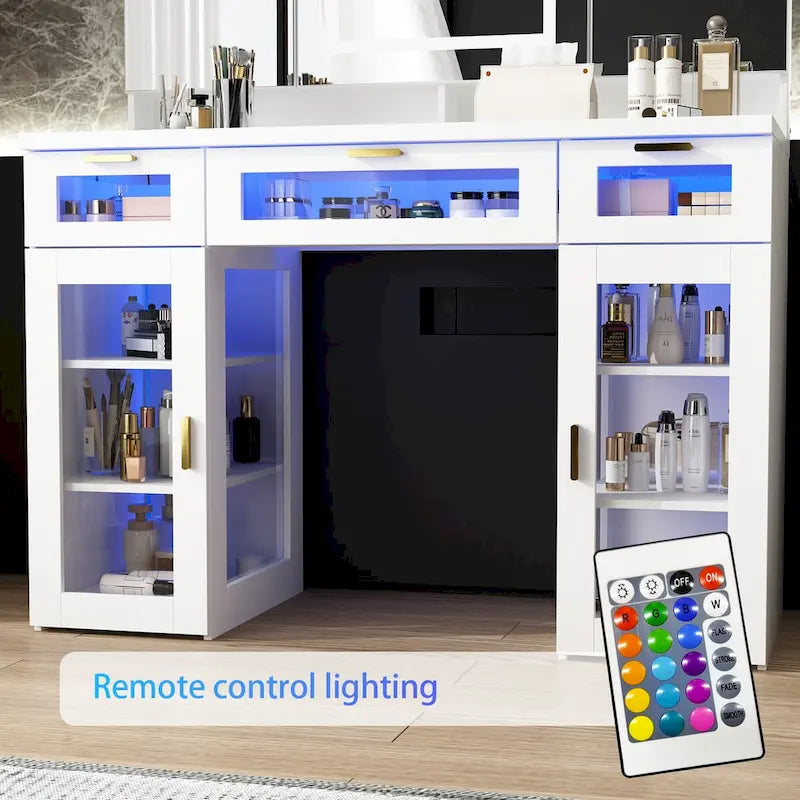 Tocador con luces LED ajustables, espejos de tres cuerpos y cajones