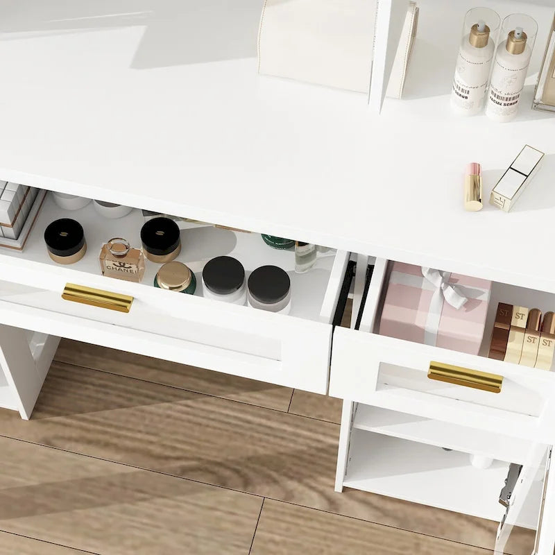 Tocador con luces LED ajustables, espejos de tres cuerpos y cajones