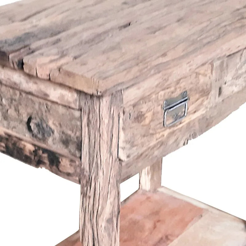 Mesa de isla de cocina rústica de 32 pulgadas, 2 cajones, madera blanca envejecida