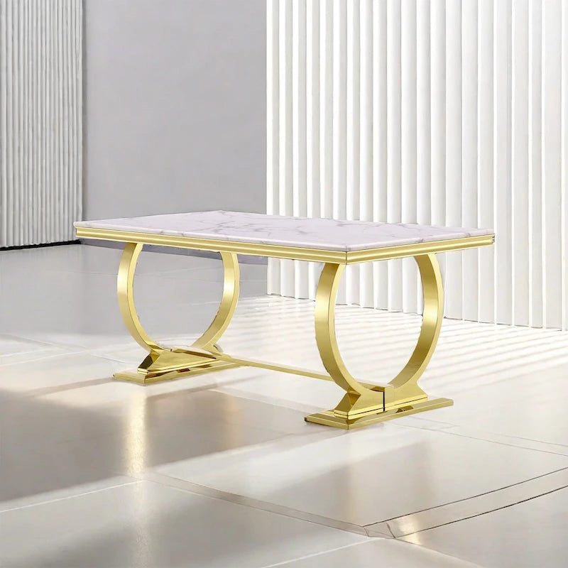 Mesa de comedor de oro cepillado con tablero de cristal de 78 pulgadas y base de barril cónico