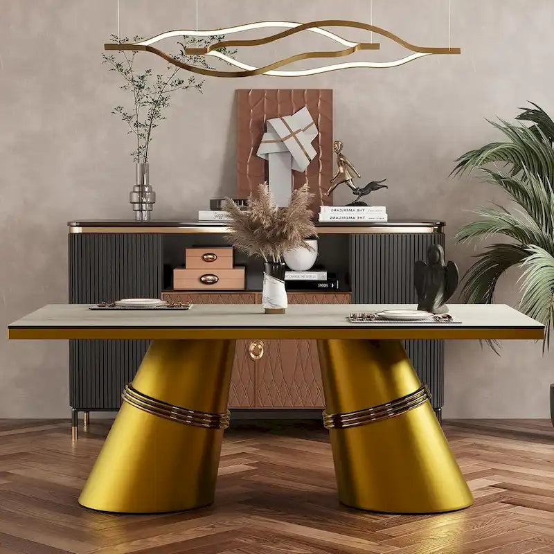 Mesa de comedor de oro cepillado con tablero de cristal de 78 pulgadas y base de barril cónico