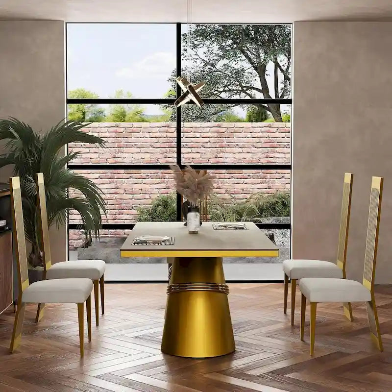 Mesa de comedor de oro cepillado con tablero de cristal de 78 pulgadas y base de barril cónico