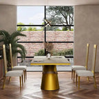 Mesa de comedor de oro cepillado con tablero de cristal de 78 pulgadas y base de barril cónico