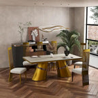 Mesa de comedor de oro cepillado con tablero de cristal de 78 pulgadas y base de barril cónico
