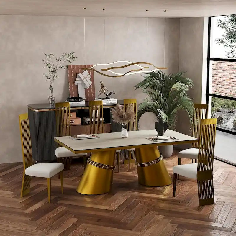 Mesa de comedor de oro cepillado con tablero de cristal de 78 pulgadas y base de barril cónico