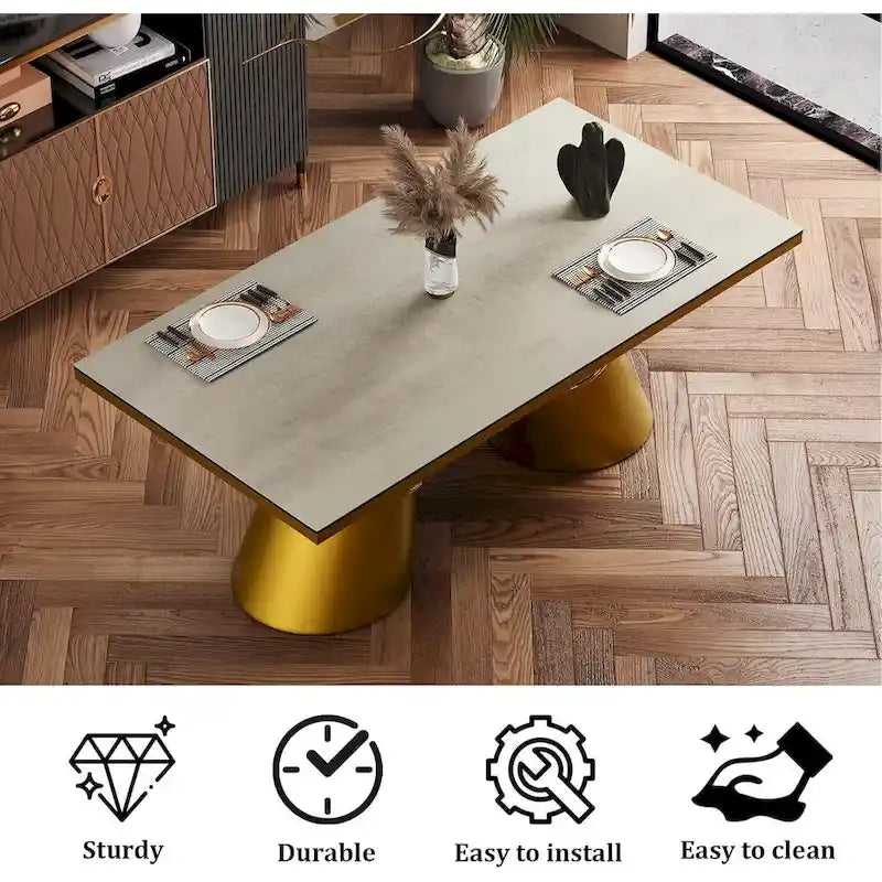 Mesa de comedor de oro cepillado con tablero de cristal de 78 pulgadas y base de barril cónico