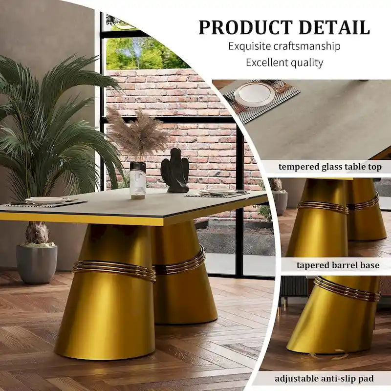 Mesa de comedor de oro cepillado con tablero de cristal de 78 pulgadas y base de barril cónico