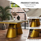 Mesa de comedor de oro cepillado con tablero de cristal de 78 pulgadas y base de barril cónico