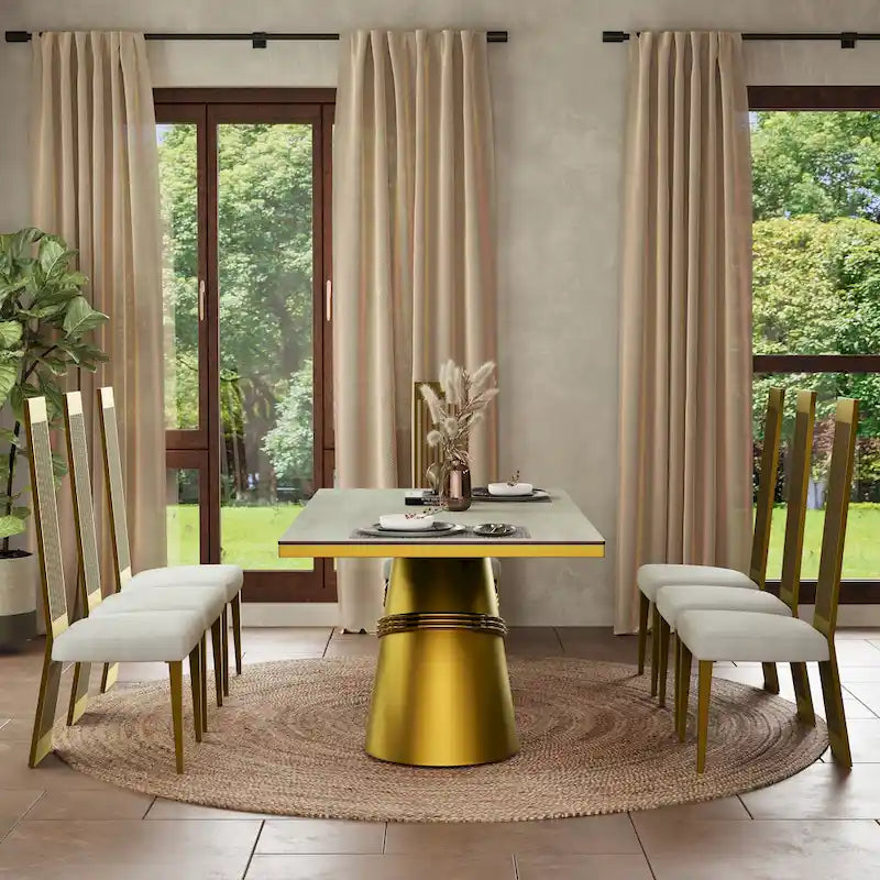 Mesa de comedor de oro cepillado con tablero de cristal de 78 pulgadas y base de barril cónico