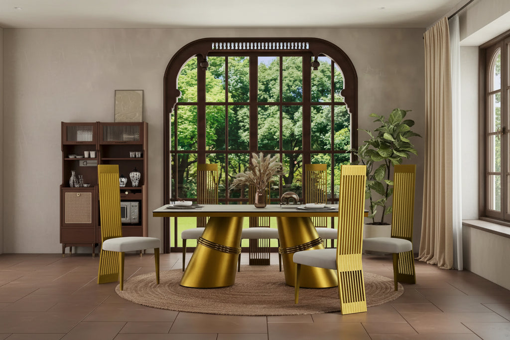 Mesa de comedor de oro cepillado con tablero de cristal de 78 pulgadas y base de barril cónico